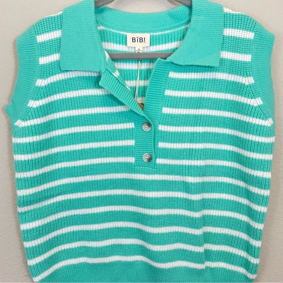 BIBI Turquoise Striped Henley Sleeveless Sweater‎ Top NWT Size Medium - Picture 3 of 5